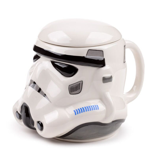Ceramic Stormtrooper helmet mug with lid, white ceramic with black detailing and blue accents.