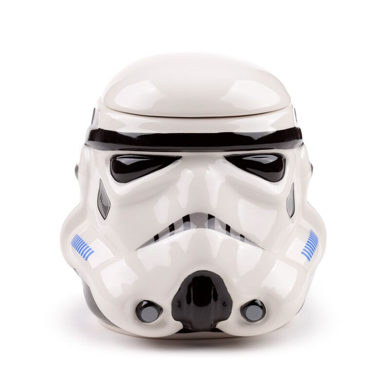 Ceramic mug shaped like the original Stormtrooper helmet, white with black visor and blue cheek details.