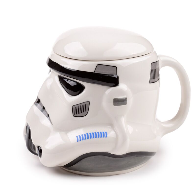 Ceramic Stormtrooper helmet mug, head-shaped with lid, white with black detailing.