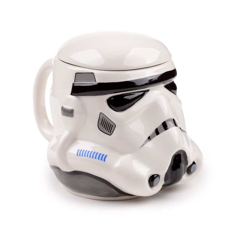 Ceramic Stormtrooper helmet mug, white with black visor, blue accent, shaped head coffee mug.