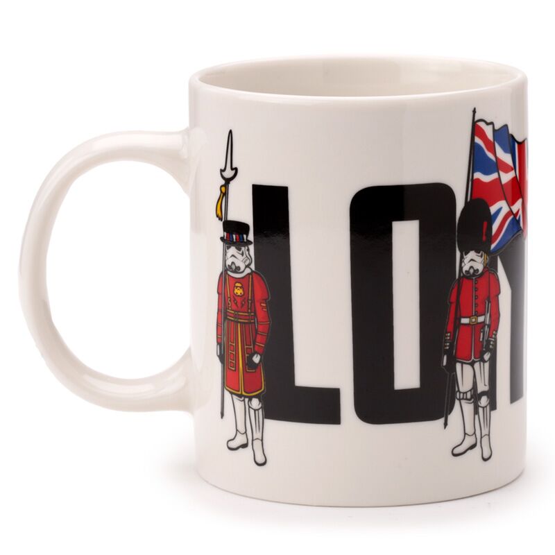 Porcelain mug featuring The Original Stormtrooper London design with red-coated guards, Union Jack and bold letters.