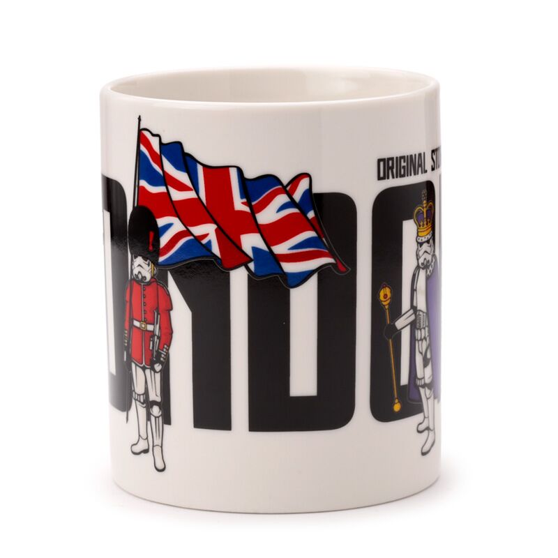 Porcelain mug featuring a Stormtrooper, Union Jack flags and bold London text.