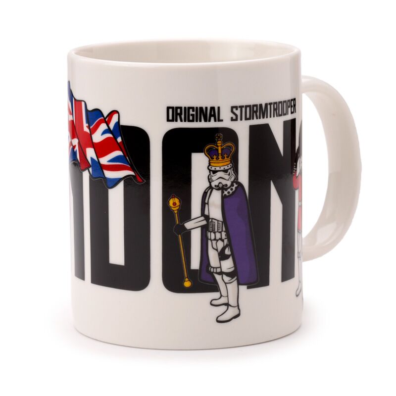 Porcelain mug featuring the Original Stormtrooper London design with Union flags and a crowned Stormtrooper.
