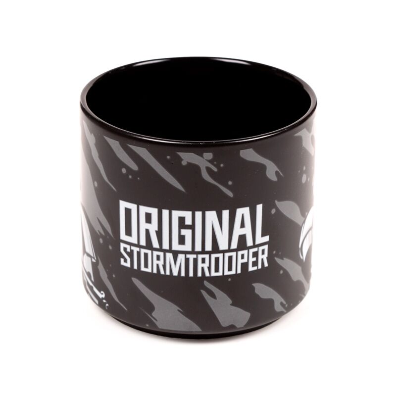 Oversized black porcelain mug featuring Original Stormtrooper logo and grey camouflage pattern.