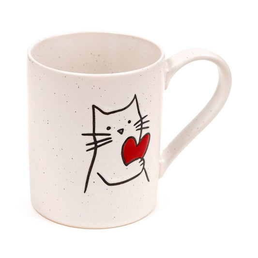Stoneware mug featuring a cartoon cat holding a red heart.