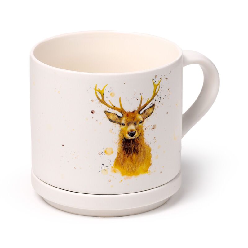 Porcelain mug featuring Jan Pashley stag design with matching coaster lid.