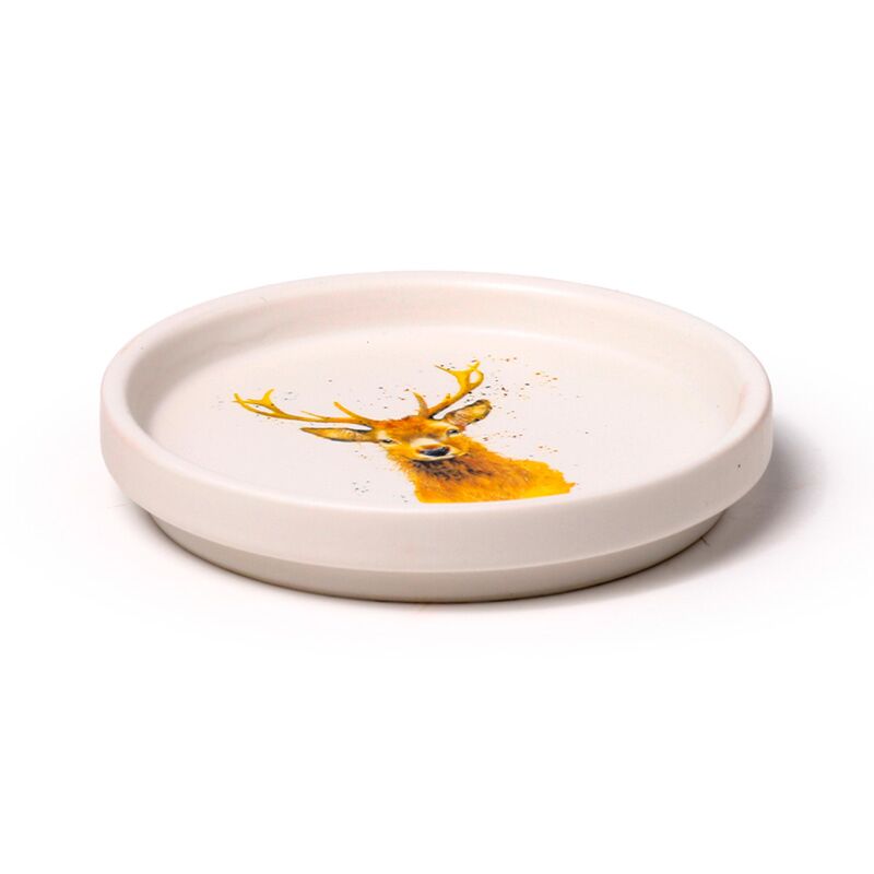 White porcelain coaster lid with orange stag illustration by Jan Pashley