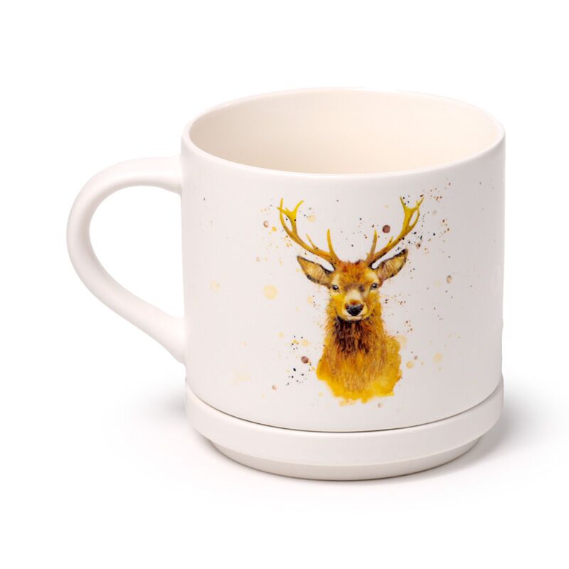 White porcelain mug featuring a stag illustration with a matching coaster lid.