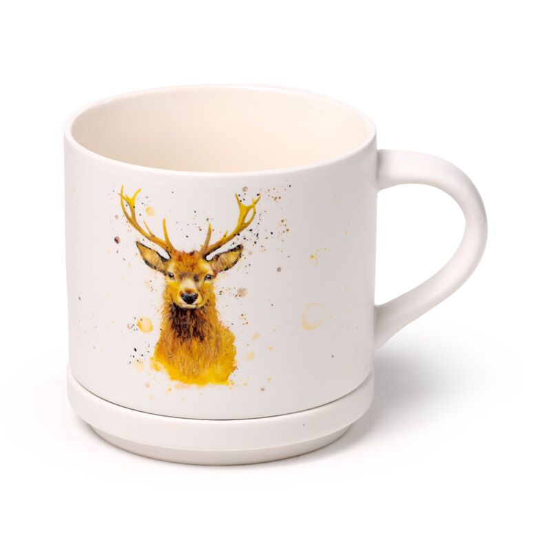 Porcelain mug and coaster lid set featuring Jan Pashley Stag artwork, 420ml capacity.