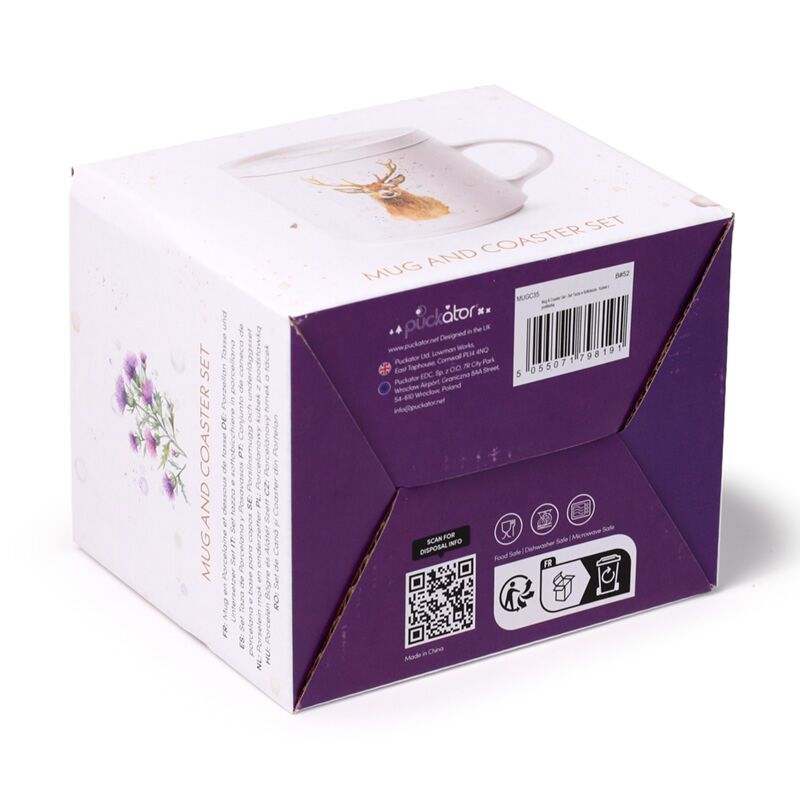 Packaging box for Porcelain Mug & Coaster Lid Set by Jan Pashley Stag, purple panels with mug image.