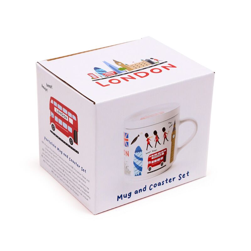 Porcelain mug & coaster lid set featuring London landmarks, red double-decker bus and Union Jack on white packaging.