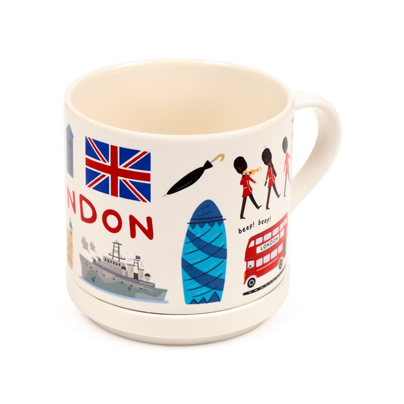 Porcelain London-themed mug with Union Jack, landmarks, red double-decker bus, ship, and coaster lid.