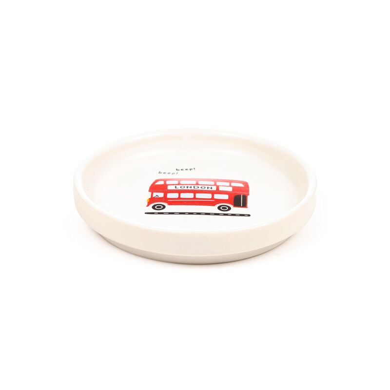Porcelain coaster lid featuring a red London double-decker bus illustration.