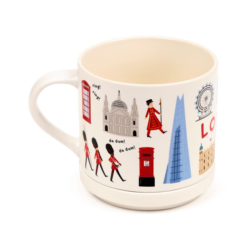 Porcelain mug with London landmarks design, including red phone box, Big Ben, Tower Bridge and the London Eye.