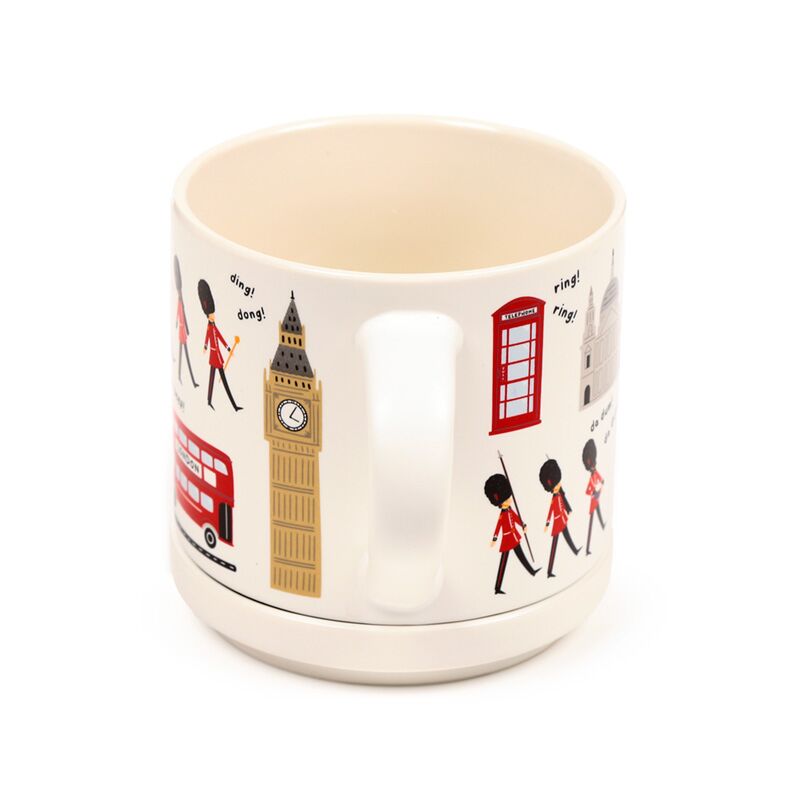 Porcelain mug and coaster lid set featuring London landmarks with Big Ben, red phone box and double-decker bus