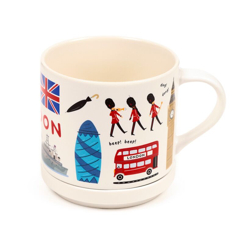 Porcelain London landmarks mug with lid set, featuring Union Jack, red double-decker bus and iconic sights.