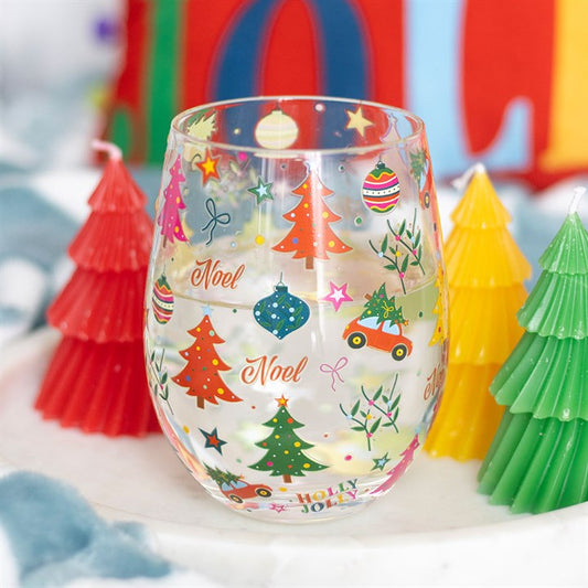 Nostalgic Christmas Print Stemless Glass with festive designs, perfect for seasonal drinks and holiday celebrations.