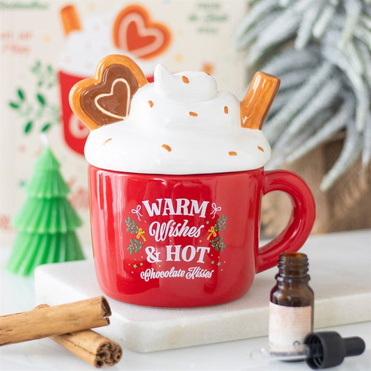 Hot Chocolate Mug Shaped Oil Burner by Cosy Winter - red ceramic mug with whipped cream lid and chocolate heart decor.