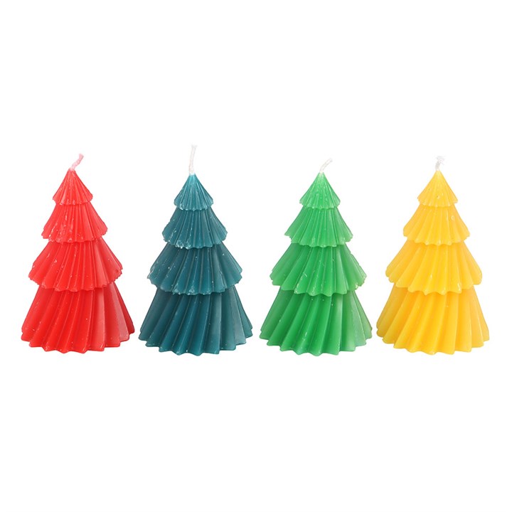 Brighten festive decor with this Set of 4 Colourful Christmas Tree Candles in red, blue, green, and yellow.