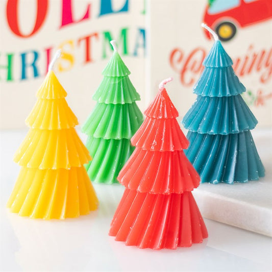 Set of 4 Colourful Christmas Tree Candles in red, blue, green, and yellow, perfect for festive decor and centrepieces.