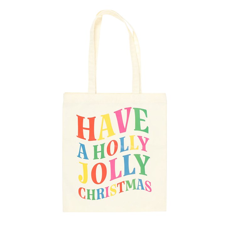 Bright and festive Holly Jolly Christmas Polyester Tote Bag, perfect for carrying gifts and holiday essentials.