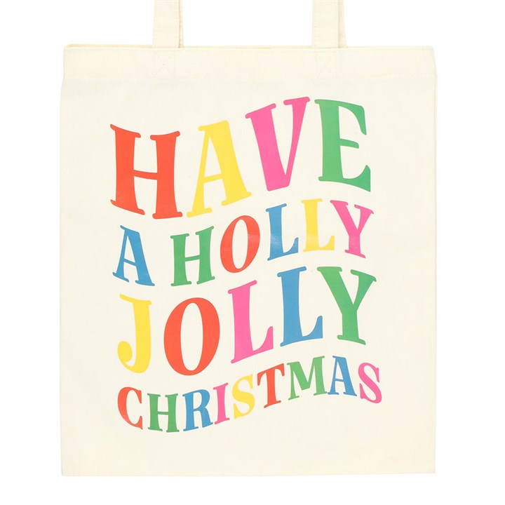 Festive Holly Jolly Christmas Polyester Tote Bag with vibrant text, perfect for holiday shopping and carrying gifts.