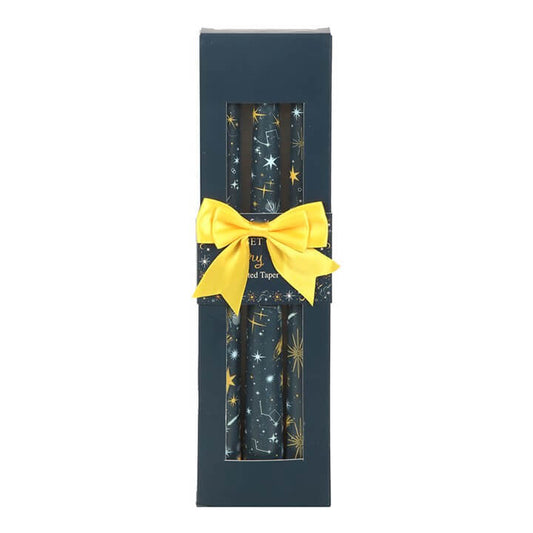 Elegant set of 3 Starry Night Taper Candles - unscented, perfect for celestial décor and festive table settings.