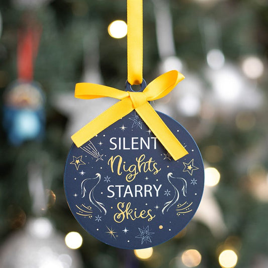 Silent Nights Starry Skies Bauble featuring a navy background and golden stars, perfect for festive tree décor.