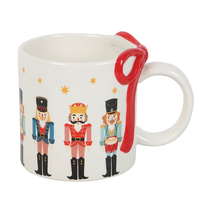 Festive Nutcracker Print Mug with Bow, perfect for hot drinks and winter charm at your favourite store.
