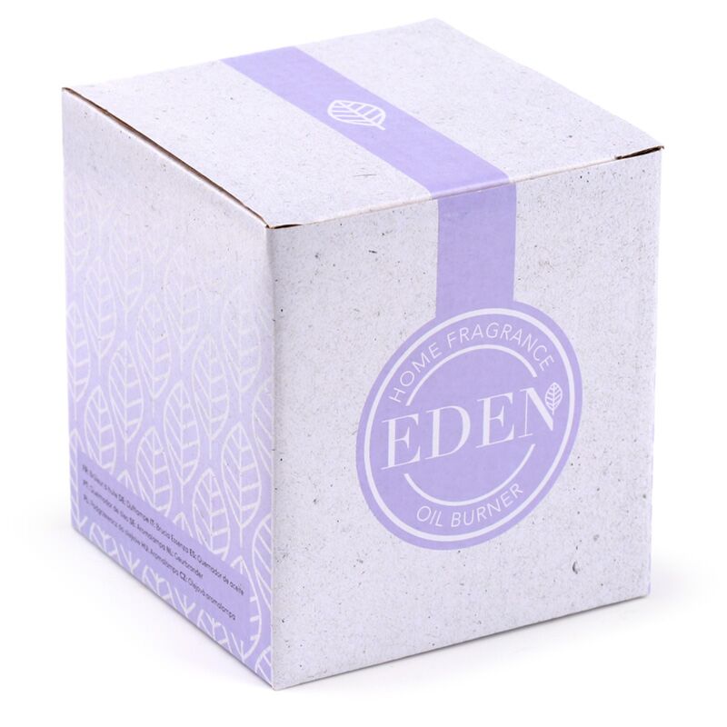 Thin spiral black metal oil and wax burner with glass dish in Eden packaging.