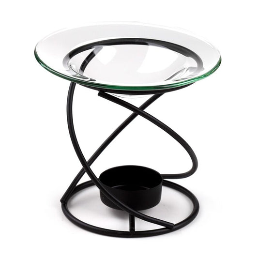 Thin spiral black metal oil and wax burner with glass dish on a curved frame.