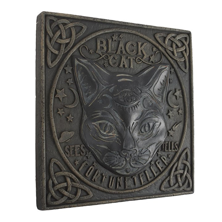 Black Cat Stepping Stone featuring a mystical design with celestial details, perfect for adding intrigue to any space.