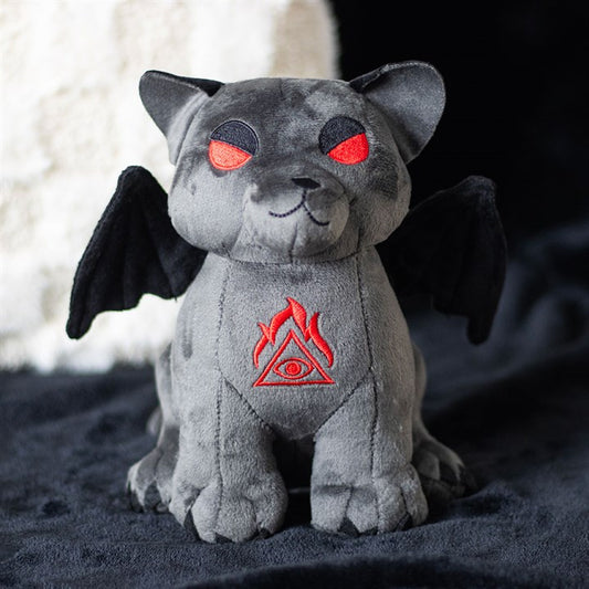 Vampire Cat Plush Toy – grey gothic cat with black bat wings and red embroidered eyes, from our store.