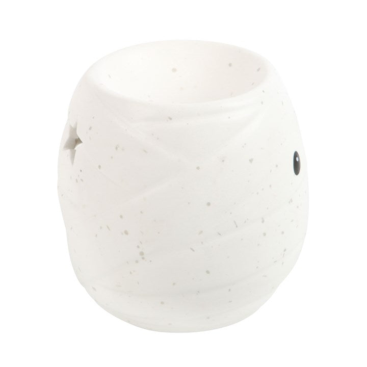 Mummy-shaped oil burner and wax warmer, white ceramic, 11 cm tall, dual-purpose, takes a single tealight.