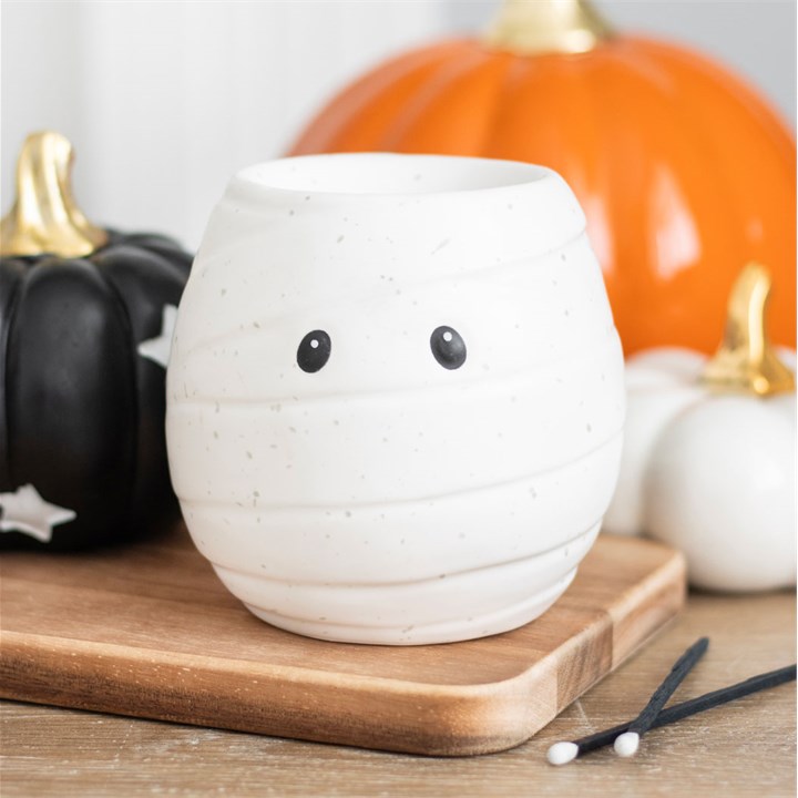 White mummy-shaped oil burner and wax warmer, 11 cm tall, dual-purpose, tealight compatible, Halloween decor.