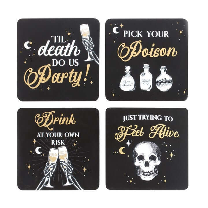 Til Death Do Us Party Coasters Set Of 4 featuring black and gold skeleton design with witty phrases.