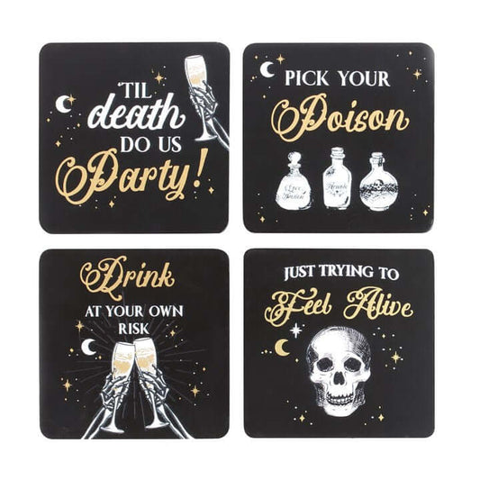 Til Death Do Us Party Coasters Set Of 4 featuring black and gold skeleton design with witty phrases.