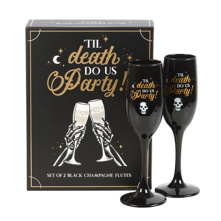 Til Death Do Us Party Champagne Flute Set Two Glasses in black with gold design and skull detail, perfect for celebrations.