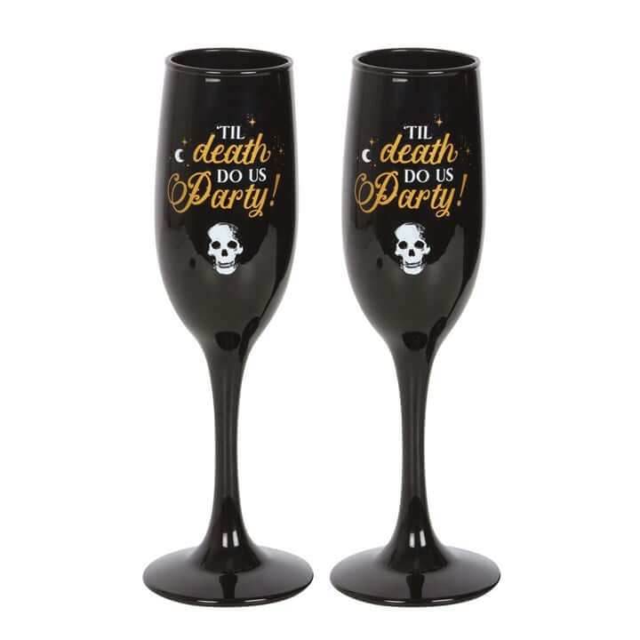 Til Death Do Us Party Champagne Flute Set Two Glasses in black and gold with skull design.
