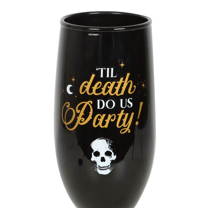 Til Death Do Us Party Champagne Flute Set Two Glasses featuring a stylish black and gold design.