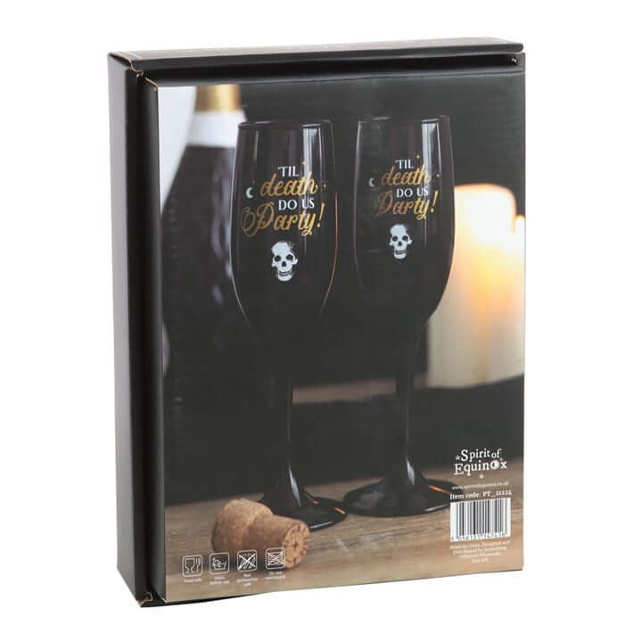 Til Death Do Us Party Champagne Flute Set Two Glasses in elegant packaging with skull design.