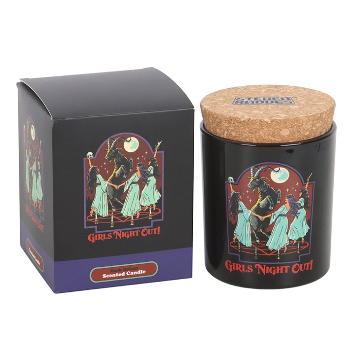Girls Night Out Dark Opium Candle by Steven Rhodes in a black jar with a cork lid featuring moonlit goat-dance artwork.