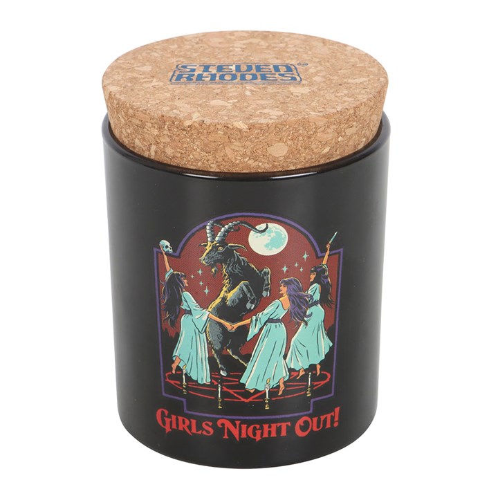 Girls Night Out Dark Opium Candle by Steven Rhodes in a black jar with cork lid, featuring a goat and dancing women.
