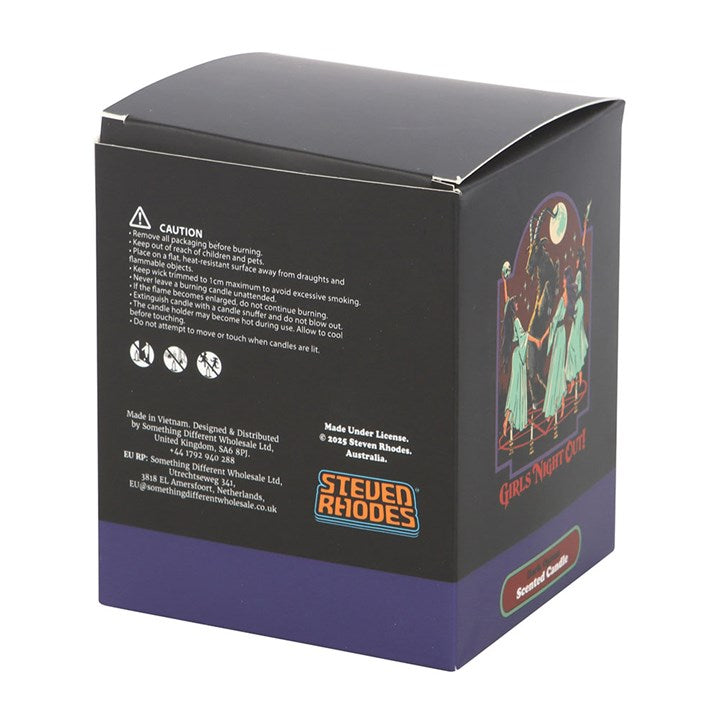 Packaging for Girls Night Out Dark Opium Candle by Steven Rhodes, with purple base and illustrated side label.