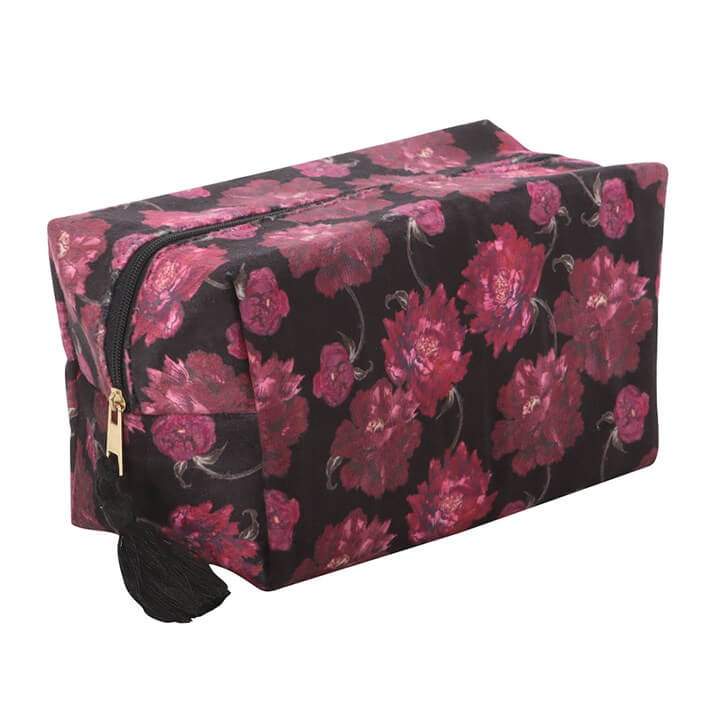 Dark Romance Floral Print Makeup Bag Gothic Cosmetic Case with zip closure and decorative tassel.