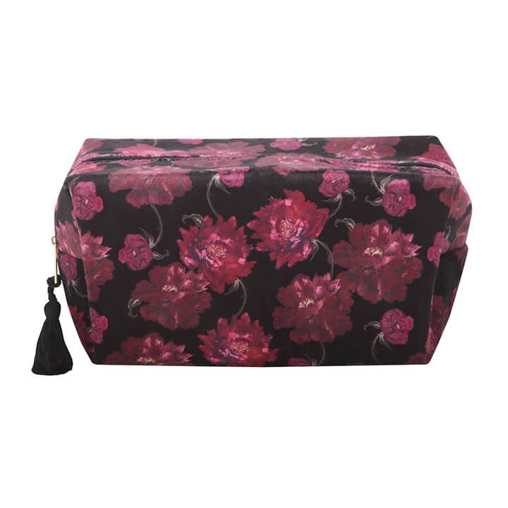 Dark Romance Floral Print Makeup Bag Gothic Cosmetic Case with dark floral design and decorative tassel.