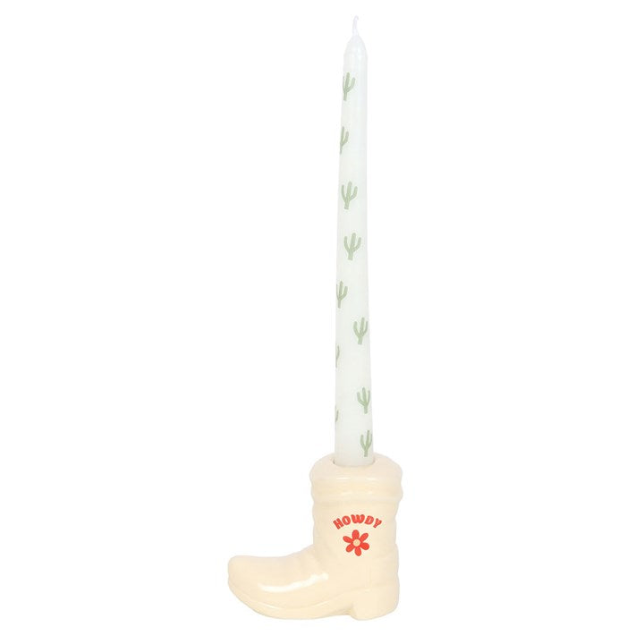 White Cowboy Boot Candle Holder with Taper Candle adds Western flair, featuring a boot design and cactus-patterned candle.