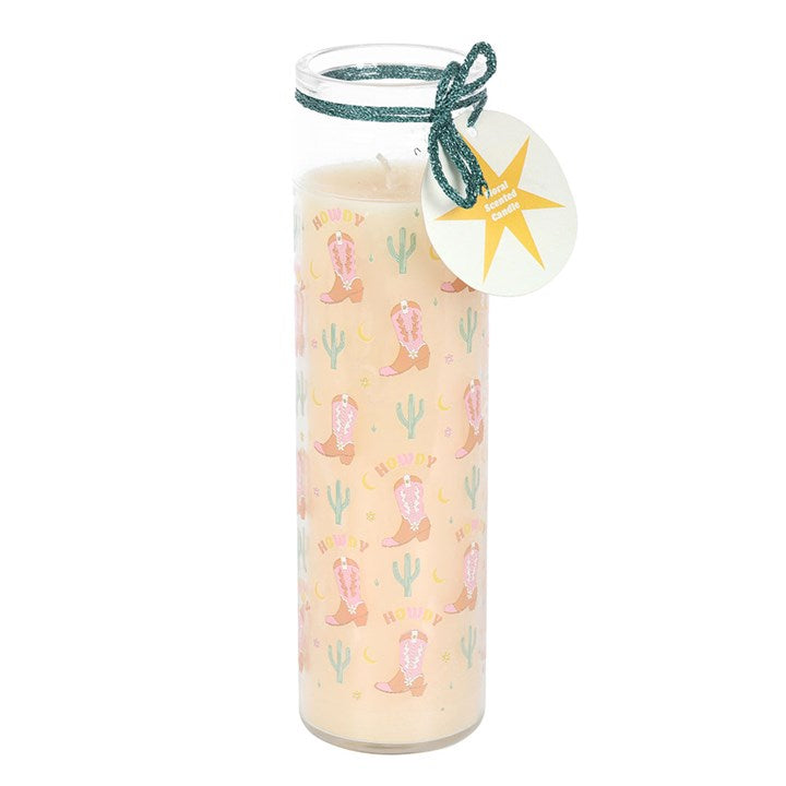 Howdy Cowboy Boot Print Floral Tube Candle with charming cowboy boot design, perfect for Western décor and floral scents.