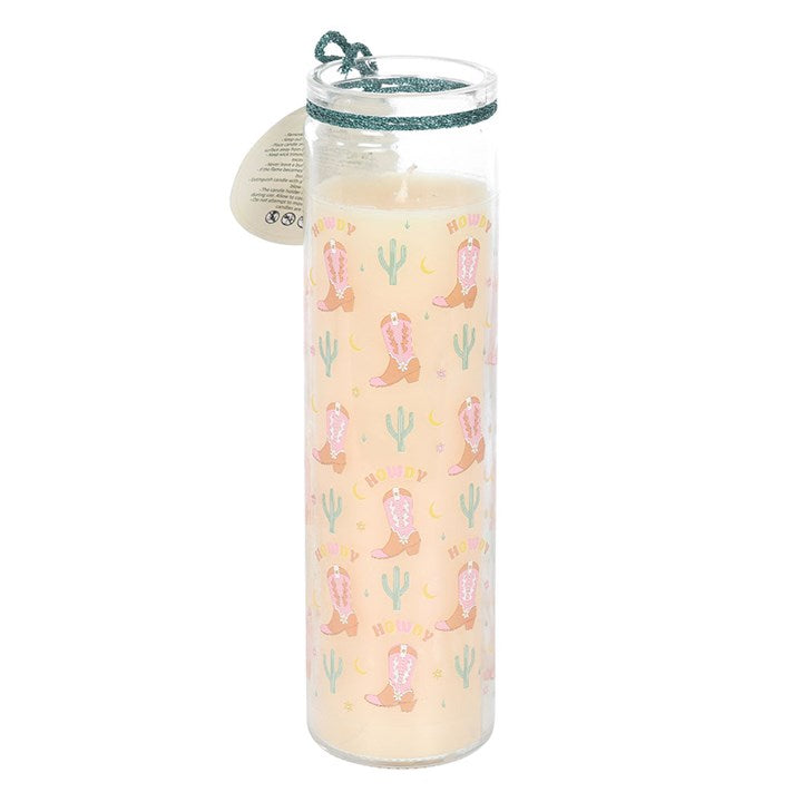 Howdy Cowboy Boot Print Floral Tube Candle with cowboy boot design, perfect for Western décor and a floral scent.