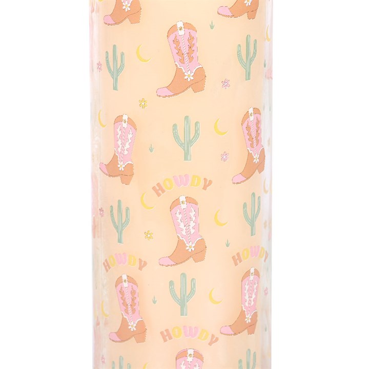 Howdy Cowboy Boot Print Floral Tube Candle showcases a charming design with cowboys and cacti, perfect for Western lovers.